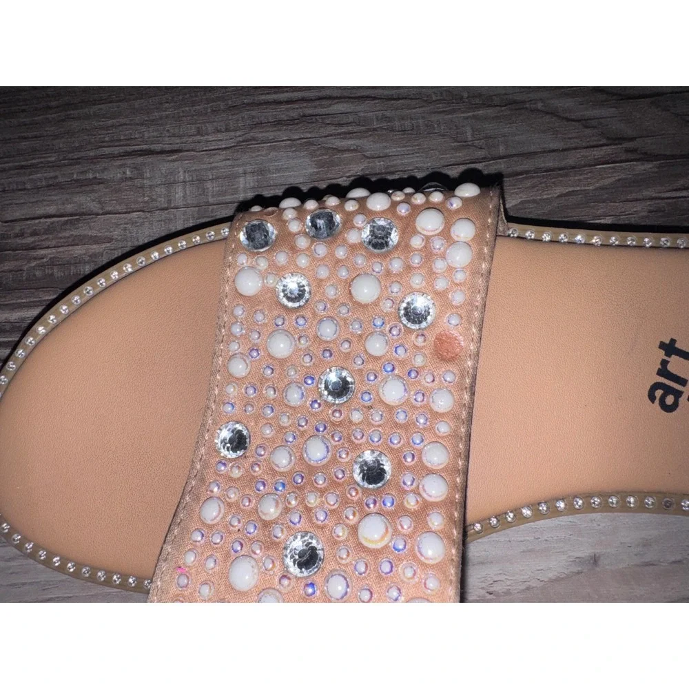 Art Class Girls Embellished Slide Sandals Faux Pearl Rhinestone Tan Size 13